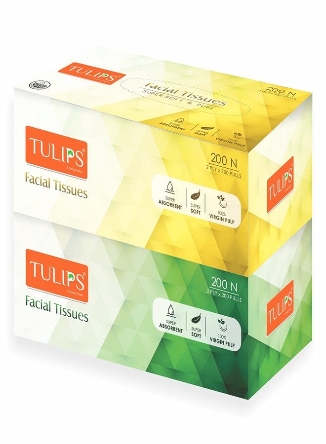 Tulips Facial Dry Tissue Paper - Super Soft, Super Absorbent & 100% Pure | 2-Ply x 200 Pulls | Gentle, Durable & Travel-Friendly Tissue for Home, Car & Office (Pack of 2) - Image 1