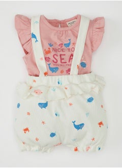 Ocean Printed Ribbed T-Shirt And Sleeveless Romper 2-Piece Set