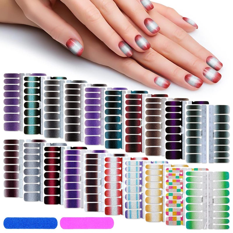 DANNEASY 320 Pieces 20 Sheets Glitter Nail Polish Strips with Nail File Nail Stickers Full Nail Wraps Self Adhesive Nail Strips for Women Girl Nail Art Accessories
