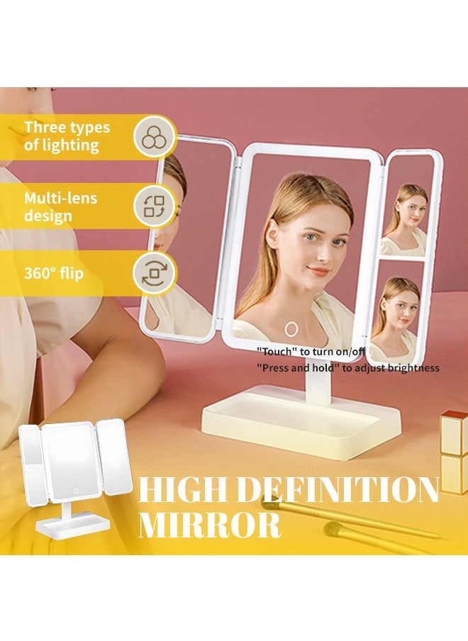 Generic - Foldable Three-Sided Makeup Mirror, 360° Rotating Vanity Mirror With Adjustable Three-Color Light, Smart Touch Design, Non-Slip Base, Suitable for Bedroom, Dressing Room, Bathroom, Office - Image 1