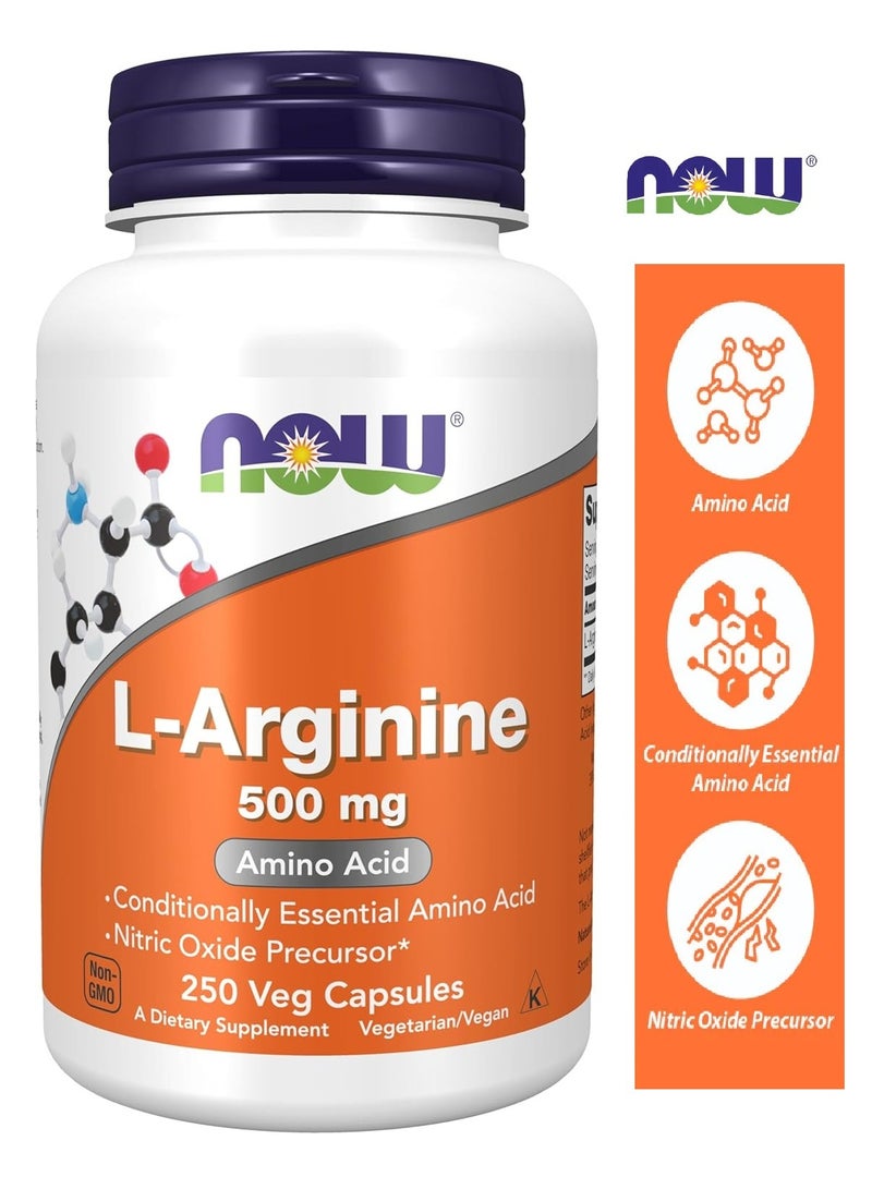 now L-Arginine 500 Mg Amino Acids - Supports Muscle Tissue Repair and Recovery 250 Capsules - Image 1