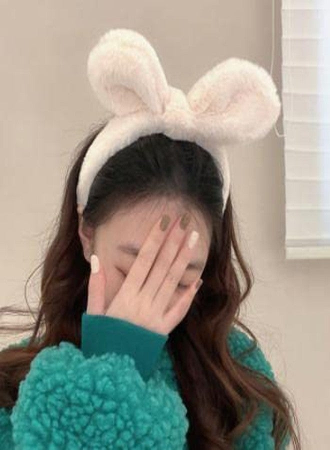 Guqqeuc Bunny Ears Headband Plush Hairband for Women Girls Cute Bowknot Headbands for Washing Face Spa Headbands for Girls White Rabbit Ears Headband for Easter Costume - Image 1