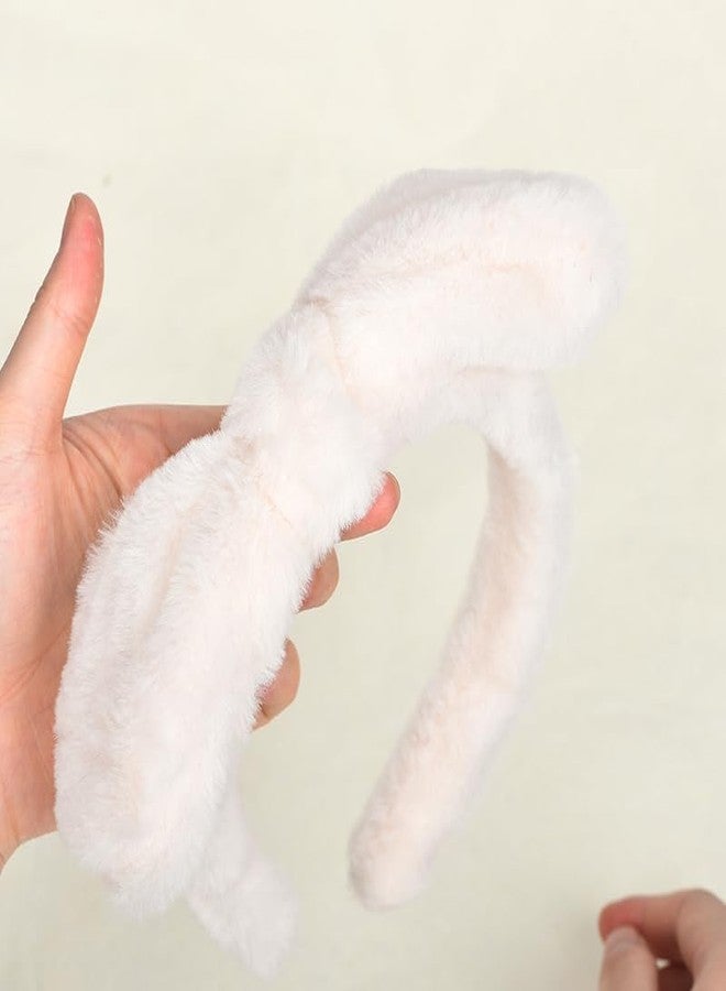 Guqqeuc Bunny Ears Headband Plush Hairband for Women Girls Cute Bowknot Headbands for Washing Face Spa Headbands for Girls White Rabbit Ears Headband for Easter Costume - Image 3
