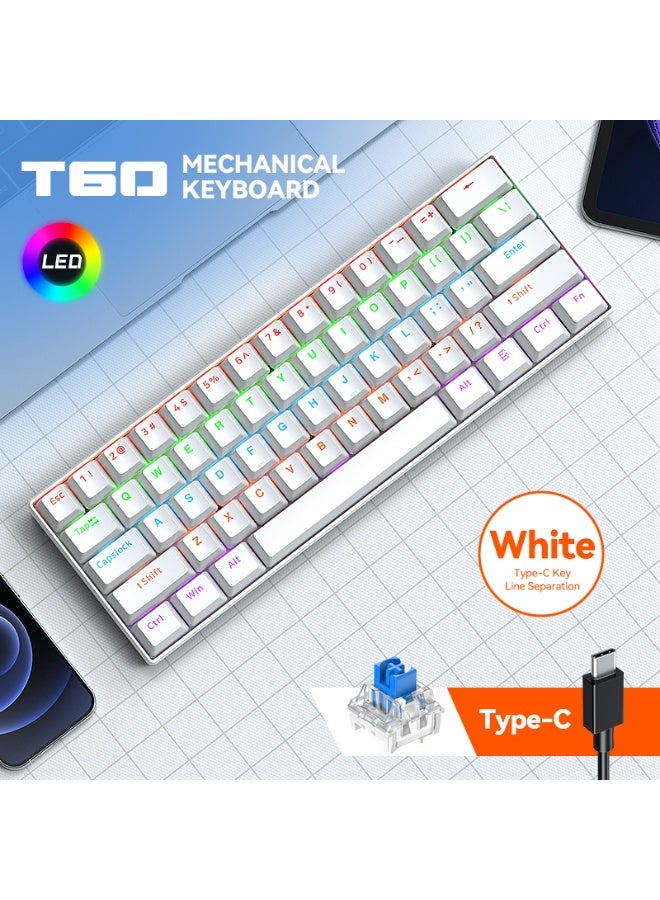 T-WOLF T60 green axis 61 key mechanical keyboard with 17 RGB backlit ultra compact mini keyboards, Type-C key cable separation, full key hot swappable 60% wired gaming keyboard, suitable for PC/Mac esports gamers, business travel portable keyboard (white) - Image 2