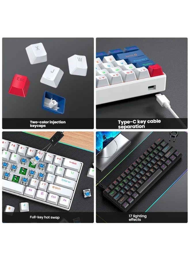 T-WOLF T60 green axis 61 key mechanical keyboard with 17 RGB backlit ultra compact mini keyboards, Type-C key cable separation, full key hot swappable 60% wired gaming keyboard, suitable for PC/Mac esports gamers, business travel portable keyboard (white) - Image 5