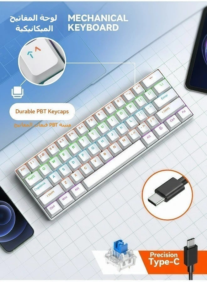 T-WOLF Keyboard mechanical keyboard blue switch RGB keyboard small keyboard Type-C key cable separation full key hot swappable wired gaming keyboard, suitable for PC/Mac e-sports gamers, business travel portable white keyboard - Image 1