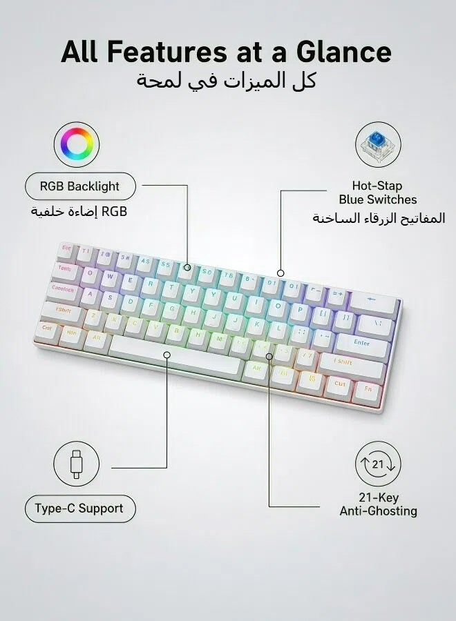 تي- وولف لوحة المفاتيح الميكانيكية لوحة المفاتيح الأزرق المفتاح لوحة المفاتيح RGB لوحة المفاتيح الصغيرة نوع C مفتاح كابل الفصل المفتاح الكامل الساخن مبادلة سلكية الألعاب لوحة المفاتيح ، مناسبة للاعبين الرياضات الإلكترونية الكمبيوتر الشخصي / ماك ، السفر التجاري لوحة المفاتيح البيضاء المحمولة - Image 2