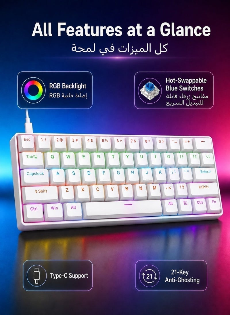 تي- وولف لوحة المفاتيح الميكانيكية لوحة المفاتيح الأزرق المفتاح لوحة المفاتيح RGB لوحة المفاتيح الصغيرة نوع C مفتاح كابل الفصل المفتاح الكامل الساخن مبادلة سلكية الألعاب لوحة المفاتيح ، مناسبة للاعبين الرياضات الإلكترونية الكمبيوتر الشخصي / ماك ، السفر التجاري لوحة المفاتيح البيضاء المحمولة - Image 1