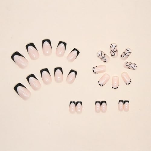 Maigitur French Tip Press on Nails Short Square Fake Nails Black Acrylic Nails with White Heart Design Stick on Nails Artificial Full Cover Glossy Glue on Nails for Women Girls Valentine's Day Manicure 24pcs… - Image 4