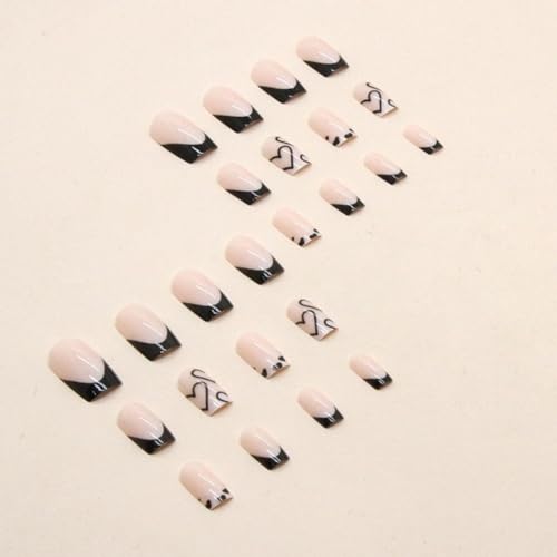 Maigitur French Tip Press on Nails Short Square Fake Nails Black Acrylic Nails with White Heart Design Stick on Nails Artificial Full Cover Glossy Glue on Nails for Women Girls Valentine's Day Manicure 24pcs… - Image 3