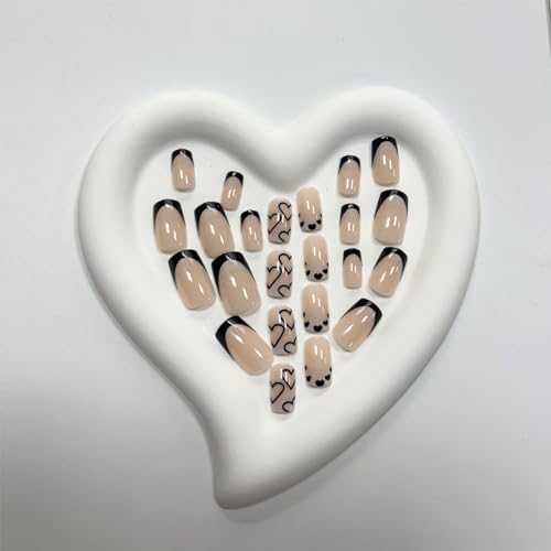 Maigitur French Tip Press on Nails Short Square Fake Nails Black Acrylic Nails with White Heart Design Stick on Nails Artificial Full Cover Glossy Glue on Nails for Women Girls Valentine's Day Manicure 24pcs… - Image 2