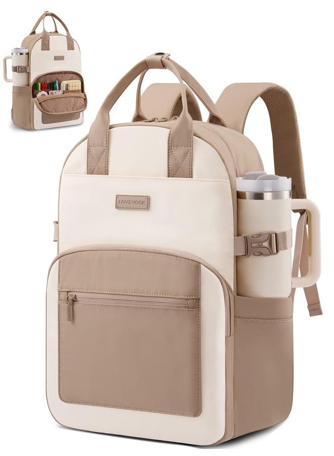 LOVEVOOK Laptop Backpack for Women - Stylish Work Backpack with Large Cup Holder, Waterproof College Teacher Backpack, Beige-khaki, 15.6 Inch, Modern - Image 1