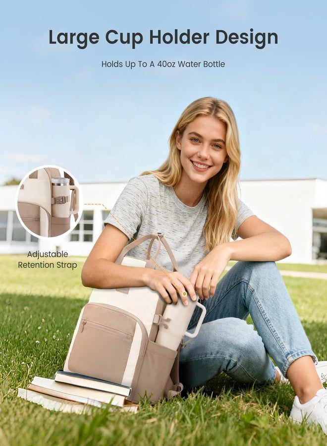 LOVEVOOK Laptop Backpack for Women - Stylish Work Backpack with Large Cup Holder, Waterproof College Teacher Backpack, Beige-khaki, 15.6 Inch, Modern - Image 2