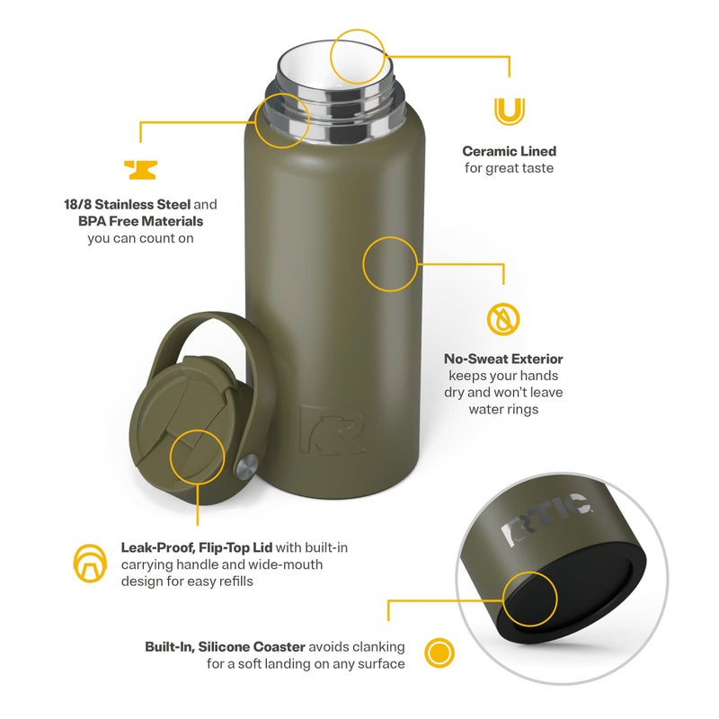 RTIC 32oz Outback Water Bottle, Ceramic Lined, Insulated, Stainless Steel, Double Wall Vacuum-Insulation, Leak-Proof Lid, BPA-Free Water Flask Hiking, Running, Sports, Outdoor, Olive - Image 3