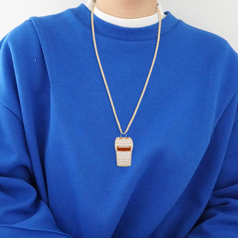 Honbay 1PCS Rhinestone Whistle Long Sweater Chain Gold Plated Whistle with Crystal Cap Pendant Long Sweater Necklace for Women Jewelry Gifts - Image 5