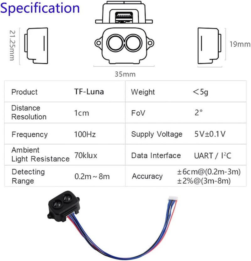 دبليو اشيو تي مستشعر تحديد المدى بالليزر TF-Luna LiDAR نطاق 0.2م-8م وحدة قياس نقطة واحدة UART/I2C 5 فولت مع كابل 6 دبوس طرفي إلى دوبونت لأردوينو/RPi Pico/Pixhawk/WiFi_Lora_32 - Image 2