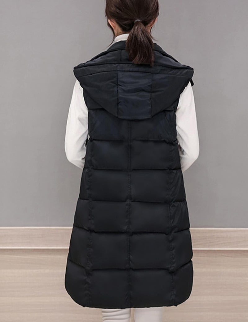Tanming Women's Long Puffer Vest Casual Sleeveless Puffy Jacket with Removable Hood (Black-L) - Image 4