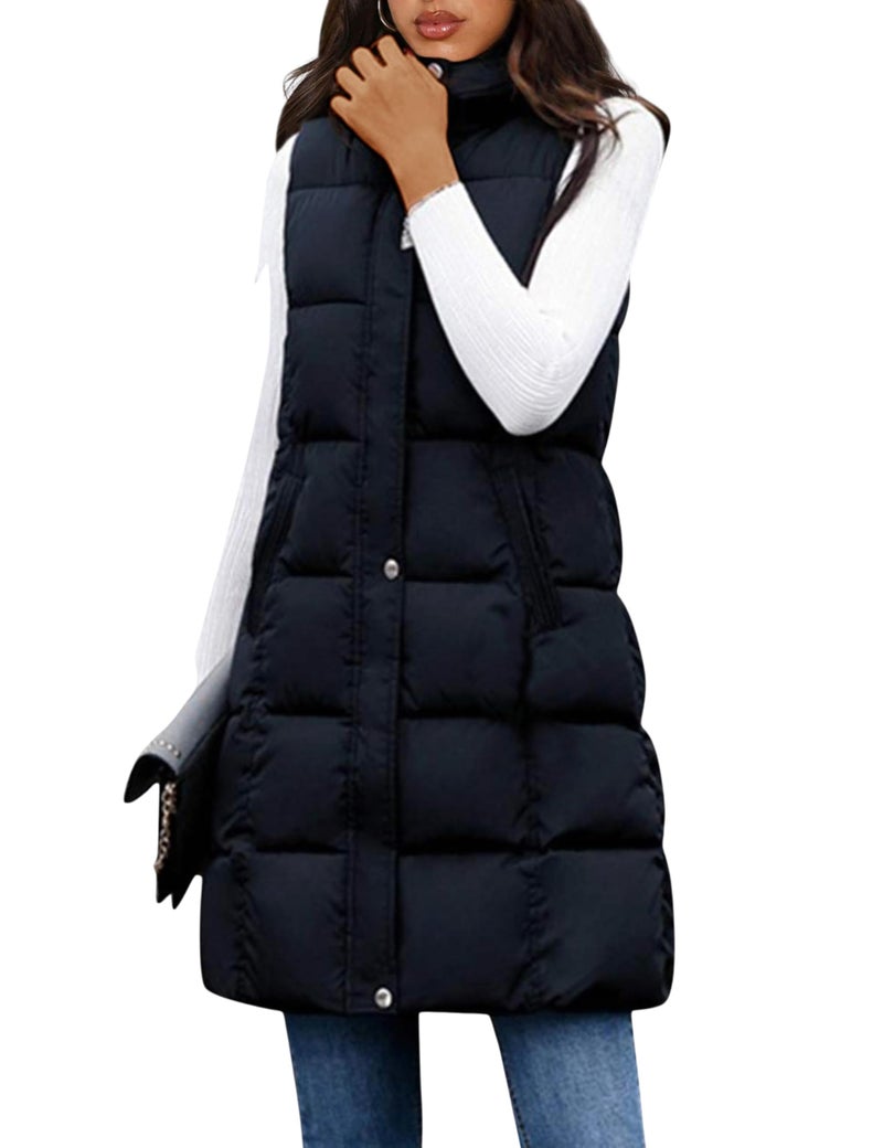Tanming Women's Long Puffer Vest Casual Sleeveless Puffy Jacket with Removable Hood (Black-L) - Image 1