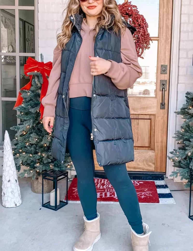 Tanming Women's Long Puffer Vest Casual Sleeveless Puffy Jacket with Removable Hood (Black-L) - Image 2