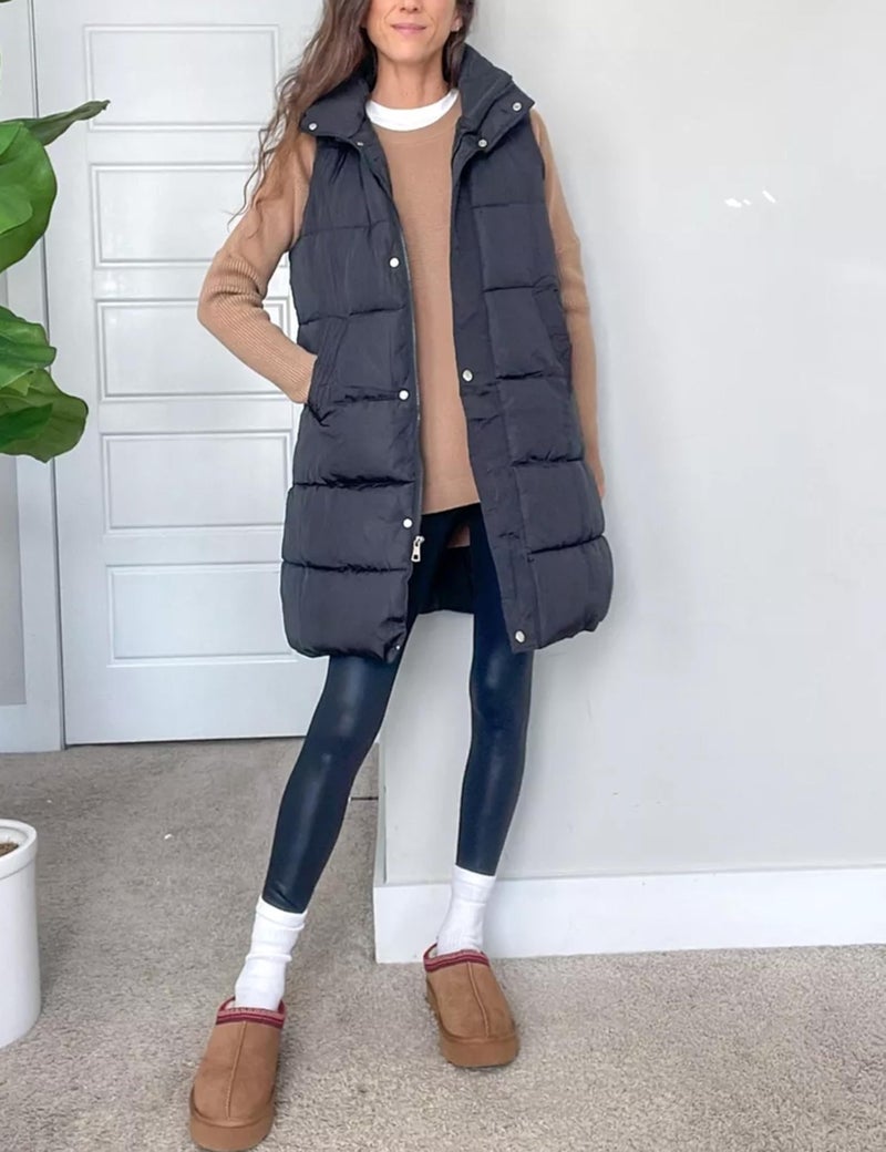 Tanming Women's Long Puffer Vest Casual Sleeveless Puffy Jacket with Removable Hood (Black-L) - Image 3