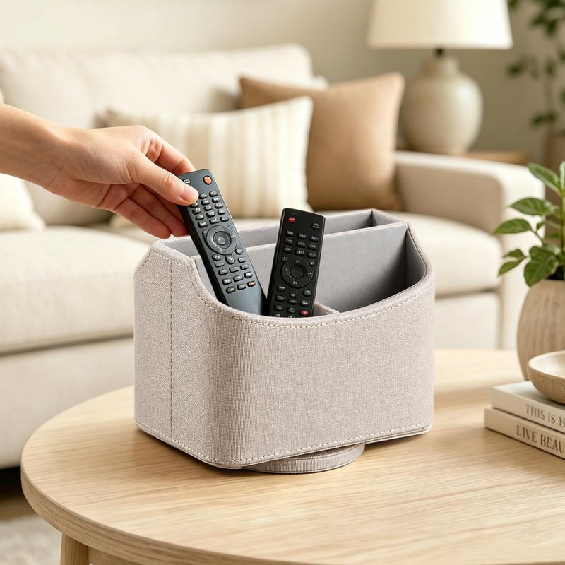 PUSU Leather 360°Rotatable Remote Control Holder,Nightstand TV Remote Caddy,Office Supplies Desktop Organizer,Spinning Storage Box for Pen,Mail,Phone,DVD, Blu-Ray, Media Player, Heater Controllers - Image 2