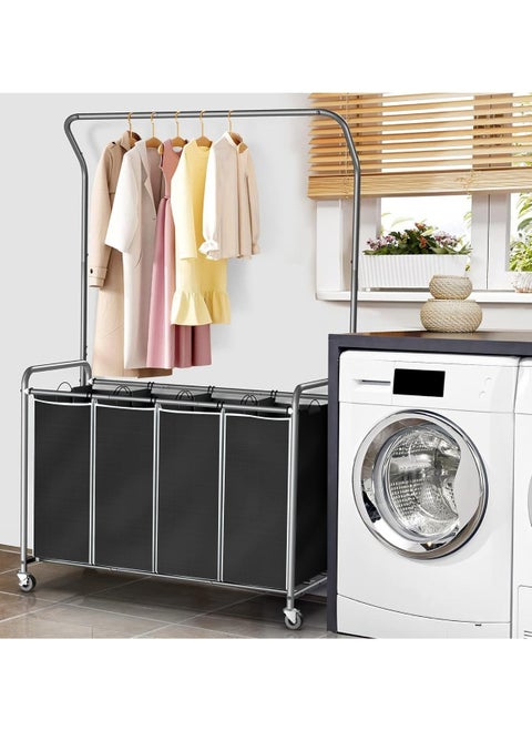 Dirty Laundry Basket with Wheels, Laundry Cart With Hanging Clothes Rack and 4 Removable Bags, Clothes Basket, Clothes Trolley, for Laundry Room, Bedroom, Bathroom