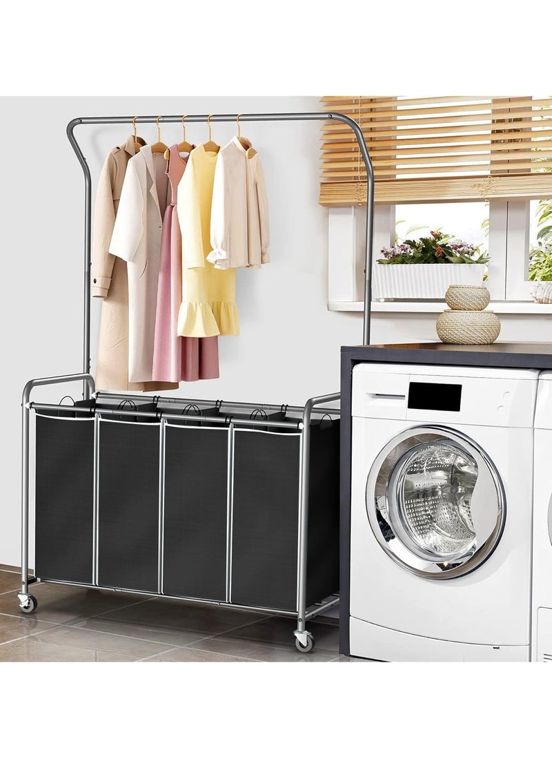 Dirty Laundry Basket with Wheels, Laundry Cart With Hanging Clothes Rack and 4 Removable Bags, Clothes Basket, Clothes Trolley, for Laundry Room, Bedroom, Bathroom