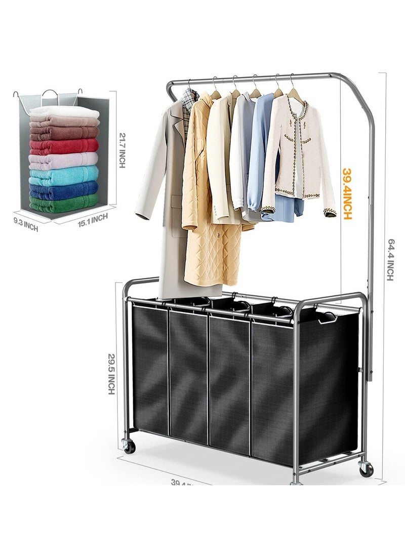 Dirty Laundry Basket with Wheels, Laundry Cart With Hanging Clothes Rack and 4 Removable Bags, Clothes Basket, Clothes Trolley, for Laundry Room, Bedroom, Bathroom