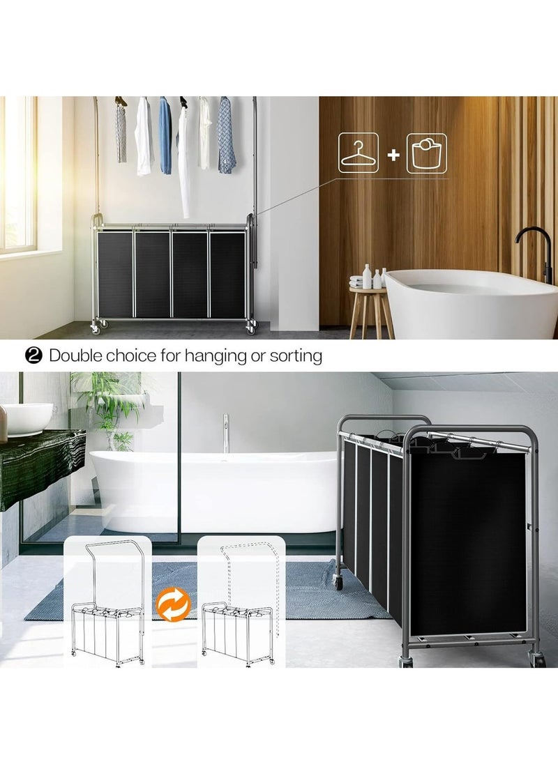 Dirty Laundry Basket with Wheels, Laundry Cart With Hanging Clothes Rack and 4 Removable Bags, Clothes Basket, Clothes Trolley, for Laundry Room, Bedroom, Bathroom