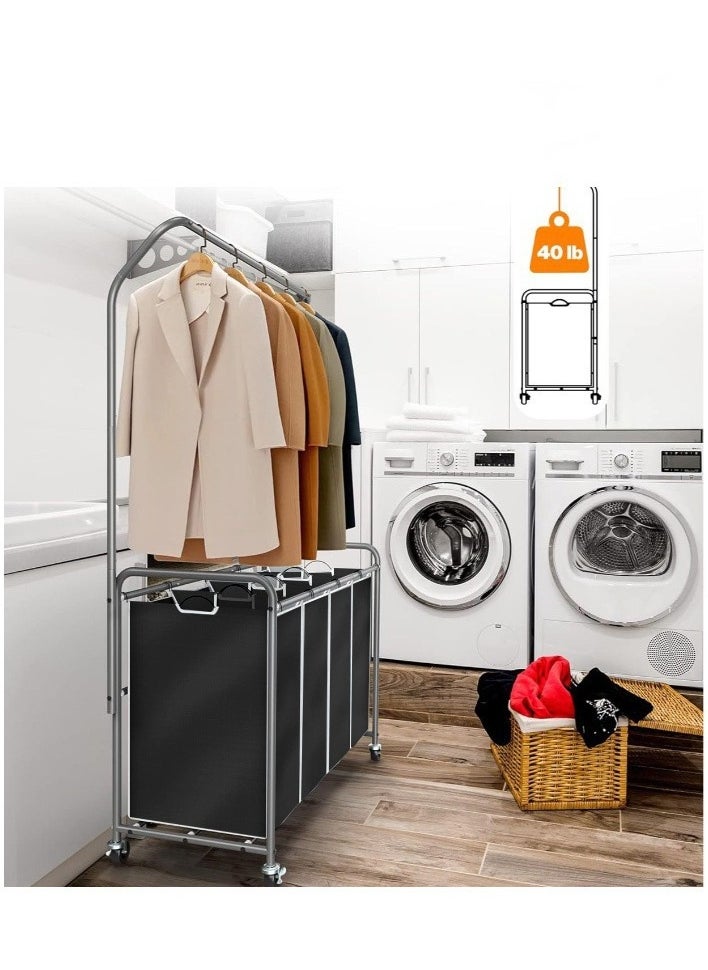 Dirty Laundry Basket with Wheels, Laundry Cart With Hanging Clothes Rack and 4 Removable Bags, Clothes Basket, Clothes Trolley, for Laundry Room, Bedroom, Bathroom