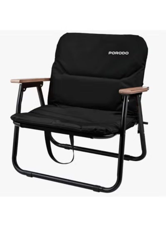 porodo Comfort Portable Folding Camping Chair, Aluminum Frame with Beech Wood Armrests, Cushioned 600D Oxford Seat, 150KG Capacity, Compact & Lightweight – Black - Image 2