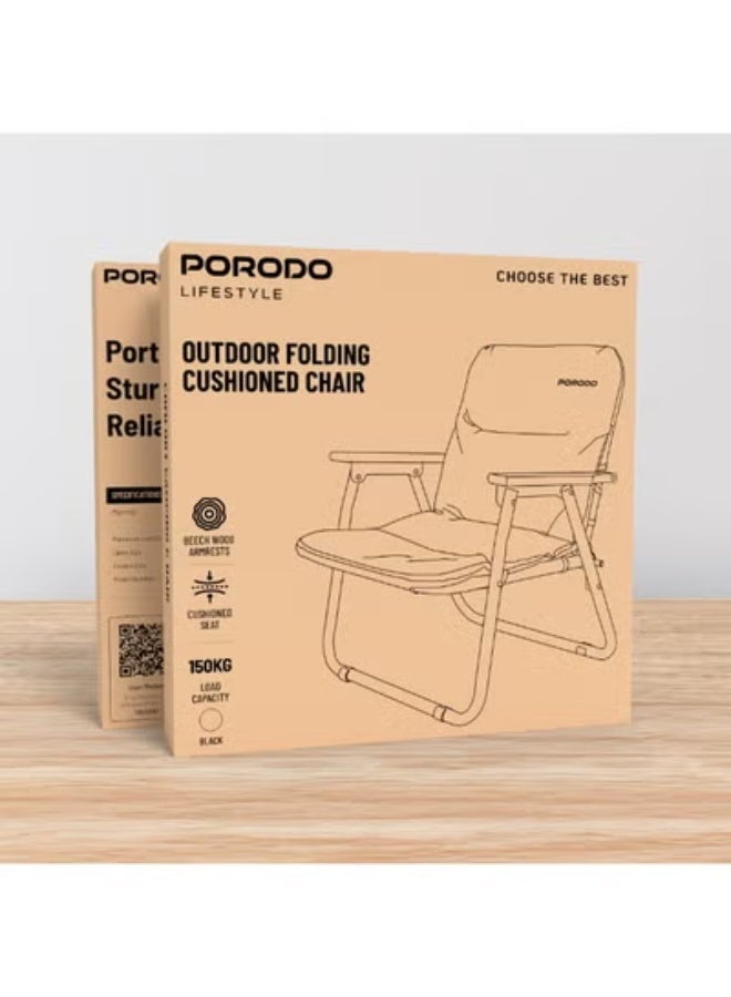 porodo Comfort Portable Folding Camping Chair, Aluminum Frame with Beech Wood Armrests, Cushioned 600D Oxford Seat, 150KG Capacity, Compact & Lightweight – Black - Image 5