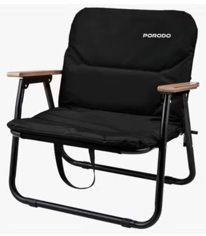 porodo Comfort Portable Folding Camping Chair, Aluminum Frame with Beech Wood Armrests, Cushioned 600D Oxford Seat, 150KG Capacity, Compact & Lightweight – Black - Image 1
