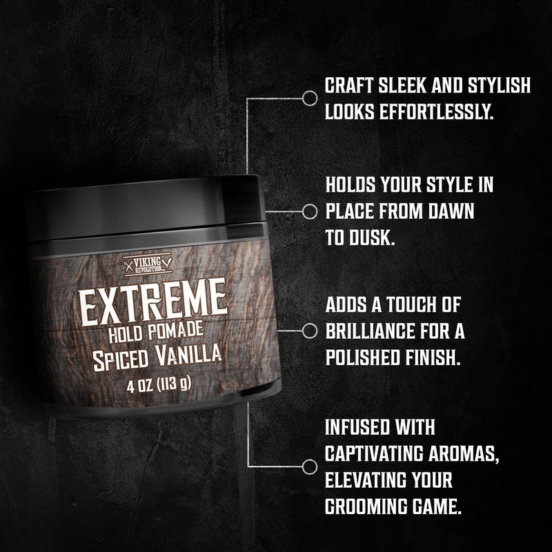 Viking Revolution Spiced Vanilla Hair Pomade for Men - Extreme Hold Hair Gel for Men - Water Based - Extra Firm Mens Hair Pomade - High Shine Mens Hair Cream (4oz) - Image 3