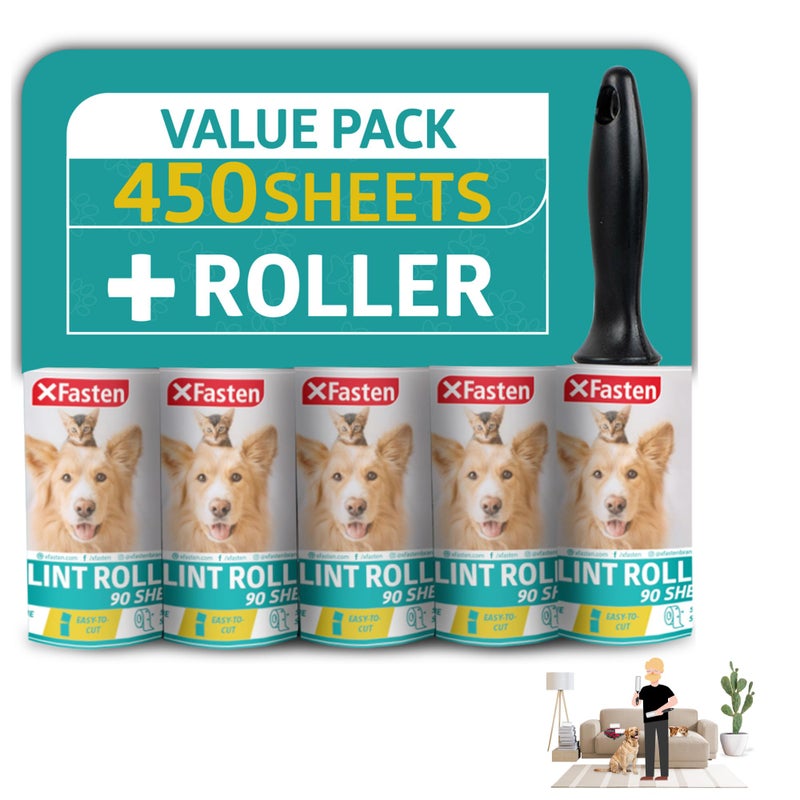 Pet Hair Lint Roller 450 Sheets Furniture Lint Rollers for Pet Hair 1 Heavy Duty Lint Roller for Clothes  5 Sticky Lint Rollers Refills  Xfasten