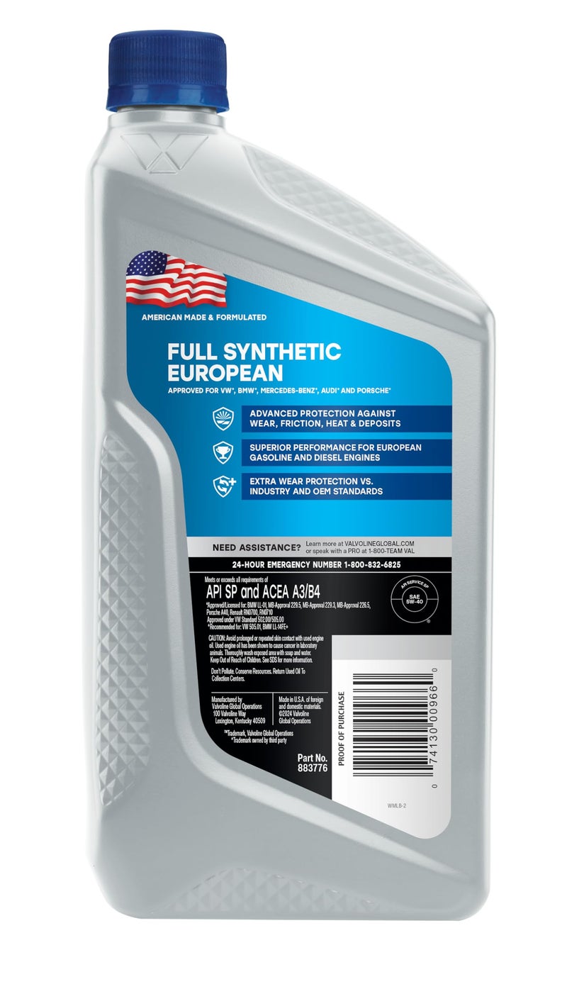 Valvoline European Vehicle Full Synthetic SAE 5W-40 Motor Oil 1 QT - Image 2