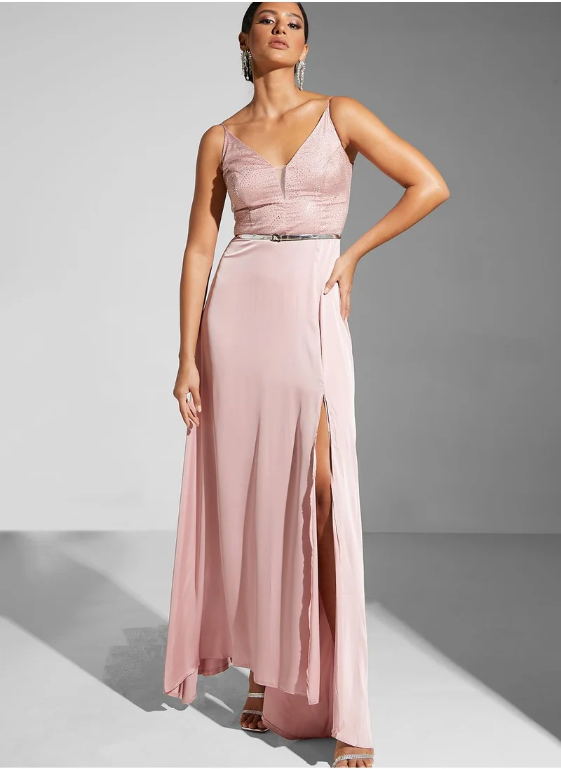 Ella Limited Edition Plunge Neck Thigh Slit Gown