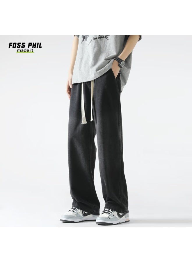 Foss Phil Men's Autumn And Winter Washed Retro Loose Wide Leg Straight Casual Pants Men's Trousers K363 Black 2XL - Image 1
