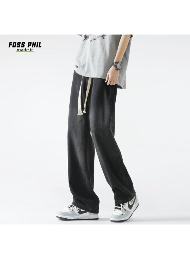 Foss Phil Men's Autumn And Winter Washed Retro Loose Wide Leg Straight Casual Pants Men's Trousers K363 Black 2XL - Image 2