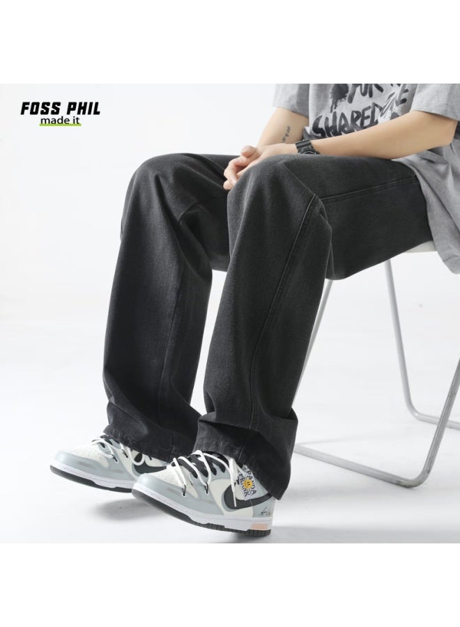 Foss Phil Men's Autumn And Winter Washed Retro Loose Wide Leg Straight Casual Pants Men's Trousers K363 Black 2XL - Image 4