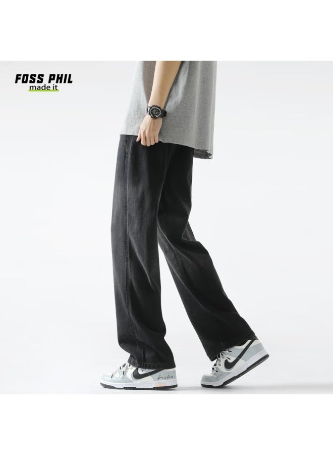 Foss Phil Men's Autumn And Winter Washed Retro Loose Wide Leg Straight Casual Pants Men's Trousers K363 Black 2XL - Image 3