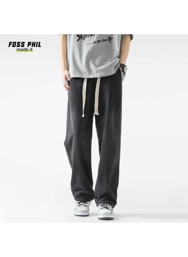 Foss Phil Men's Autumn And Winter Washed Retro Loose Wide Leg Straight Casual Pants Men's Trousers K363 Black 2XL - Image 5