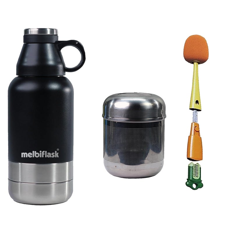 Melbify 3in1 Flask with Storage Bowls Infuser BrushVacuum MelbiFlaskWater BottleThermosteel Insulated Flask1 Litre HotCold WaterCoffeeTeaBest Flask for BabiesOfficeTravelBlack