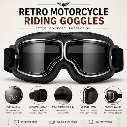 SARTE Motorcycle Riding Goggles Goggles Anti-Scratch Eyewear Bike Goggles Retro Motorcross Helmet Goggle for Men (Pack of 1) (Black) - Image 3