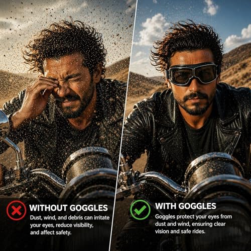 SARTE Motorcycle Riding Goggles Goggles Anti-Scratch Eyewear Bike Goggles Retro Motorcross Helmet Goggle for Men (Pack of 1) (Black) - Image 2