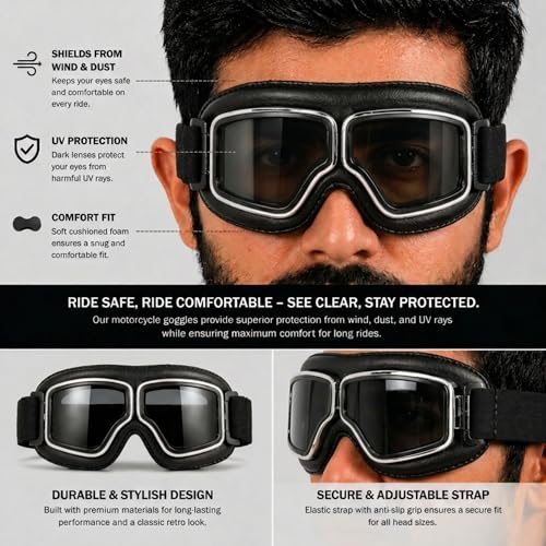 SARTE Motorcycle Riding Goggles Goggles Anti-Scratch Eyewear Bike Goggles Retro Motorcross Helmet Goggle for Men (Pack of 1) (Black) - Image 4