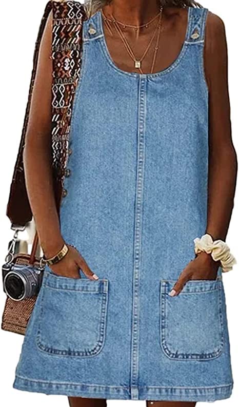 BZB Women's Sleeveless Casual Denim Dress Crewneck Vintage Loose Overall Mini Dress with Pockets Blue - Image 1
