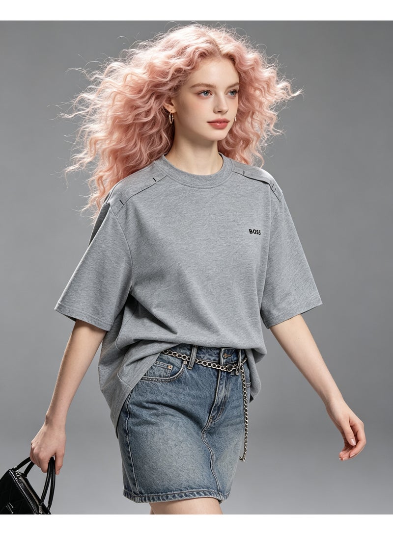 BOSS Unisex Casual Short Sleeve Crew Neck Loose Fit Everyday Wear Streetwear T‑Shirt Heather Grey - Image 5
