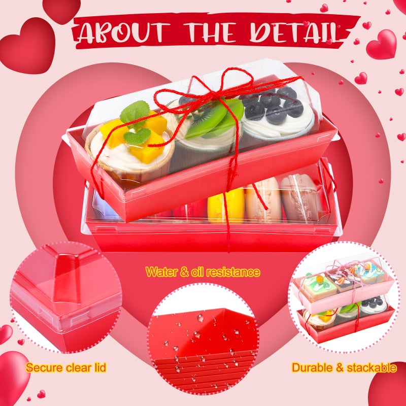 Layhit Valentines Charcuterie Boxes with Clear Lids and Rope Valentine's Day Rectangle Cookie Boxes Pink Red Disposable Dessert Containers for Wedding Anniversary Party Favor Cake Sandwich(50 Sets) - Image 3