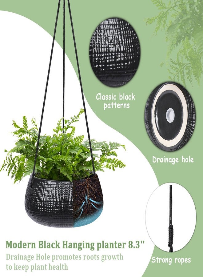 Chonsun 8 Inch Hanging Planters for Indoor Plants - Small Hanging Flower Pots with Drainage Holes Round Ceramics Hanging Plant Pots Black - Image 3